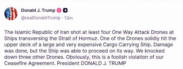 mika_egg's tweet photo. Trump says Iran launched at least four one-way attack drones at ships. 🚁💥 https://t.co/VnKVZmDNbz