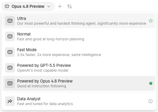 HenryHaefliger's tweet photo. Is it just me or were none of these labelled 'preview' until everyone realized the @DevinAI got way worse after they switched from Opus 4.7 to Opus 4.8? https://t.co/skN8pn4eJx