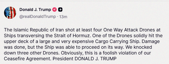 RogerLain41's tweet photo. Trump says Iran launched at least 4 one-way attack drones at ships 🚀 https://t.co/KcaWBEwbPF
