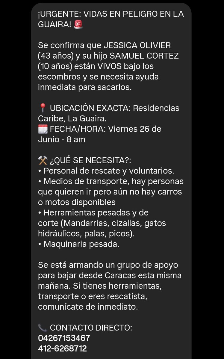 ValentinaRogil's tweet photo. URGENTE AYUDA NECESARIA EN RESIDENCIAS CARIBE EN LA GUAIRA‼️

SOBREVIVIENTES AUN SEPULTADOS, HORAS CRITICAS PARA ELLOS

CONTACTO DIRECTO-04267153467 412-6268712 https://t.co/xRcWly3l6y