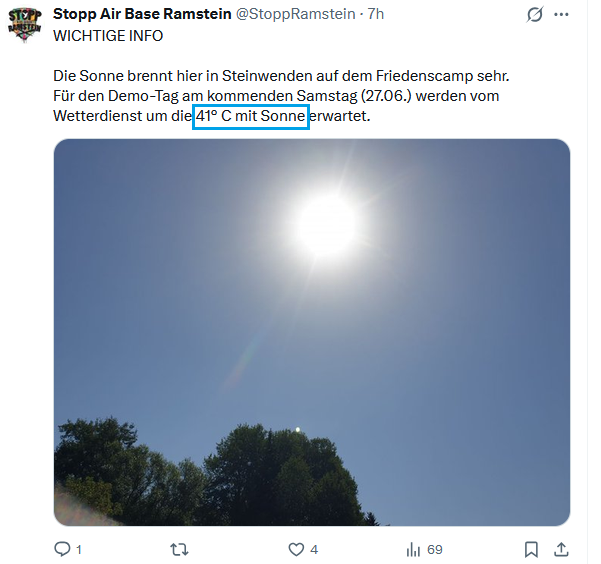 LuftHanzl's tweet photo. Morgen in Steinwenden werden sogar 41 Grad erwartet. 😮 Und das auch noch MIT Sonne! 😅 https://t.co/9xxmZSWaDE