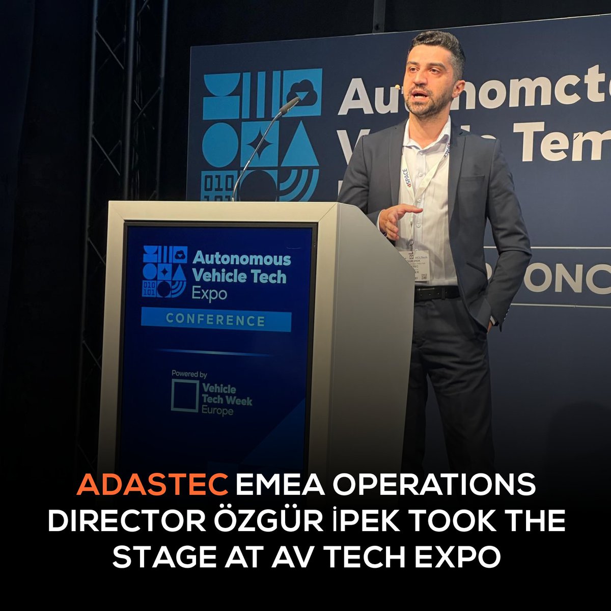 AdastecCorp's tweet photo. Özgür İPEK, ADASTEC Corp. EMEA Operations Director, took the stage at Autonomous Vehicle Tech Expo Europe 2026 to share the journey behind the transition from supervised automated bus operations to driverless public transportation services in Norway.

His session highlighted the technical, operational, and safety milestones required to achieve scalable SAE Level-4 driverless bus operations, while sharing insights from real-world deployments.

The presentation received strong interest from industry professionals and mobility experts, reflecting the growing focus on safe, reliable, and scalable automated public transportation.

Driverless public transportation is no longer just a vision, follow ADASTEC as we continue bringing it to real-world operations.

#AutomatedPublicTransportation #SAELevel4 #DriverlessTechnology #AutonomousVehicleTechnologyExpo #PublicTransportation