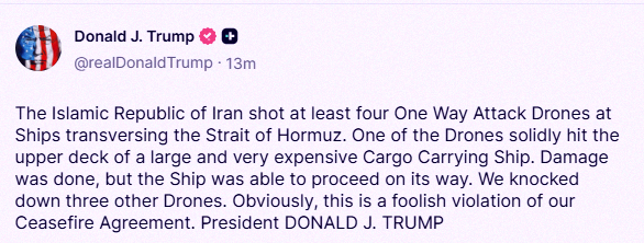 tedchen9527's tweet photo. Trump says Iran fired at least four one-way attack drones at ships 🚁💥 https://t.co/Kv67LZBW5l
