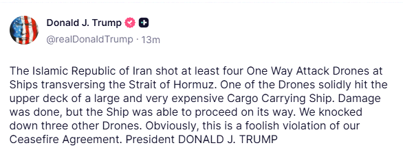 aAaAaAalpha's tweet photo. Trump says Iran launched at least four one-way attack drones at ships. https://t.co/k2ivCCuD0d