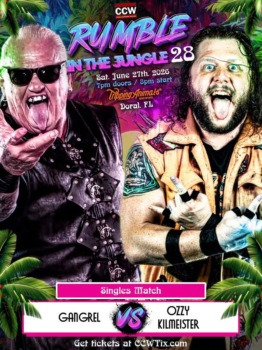 CCWAliveTV's tweet photo. TOMORROW at CCW Rumble In The Jungle 28, it's teacher vs student! Former CCW World Heavyweight Champion GANGREL returns to Doral to take on "The Most Metal Head in Pro Wrestling" OZZY KILMEISTER!

@trippinganimals is THE PLACE to be tomorrow. Be there!

🎟️ https://t.co/Fvp6fpzZOd https://t.co/XEW3MZ6RfO