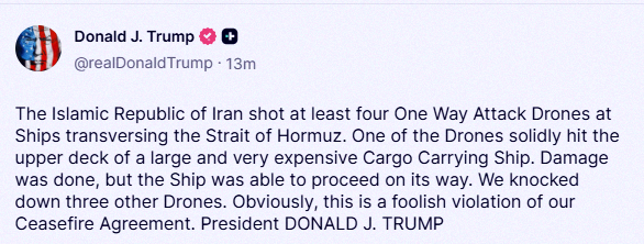 RyannTooker's tweet photo. Trump says Iran fired at least 4 one-way attack drones at ships. 🚁💥 That's some serious escalation out there. https://t.co/cilTcBSzCV