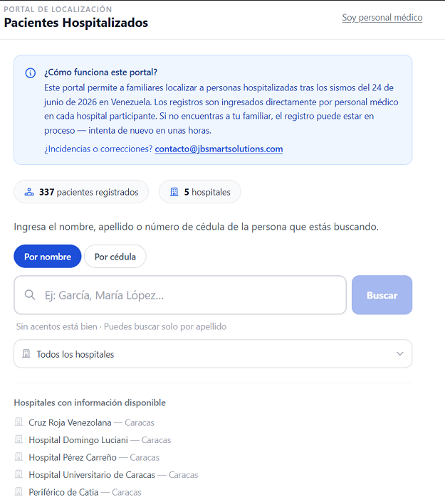 AdarmesEloy's tweet photo. 🇻🇪Debido al colapso en Caracas, los Hospitales estan usando listas escritas y Excels, Yo tengo una empresa que hace software para empresas y pues dedique de mi tiempo y recursos para crear una página web donde las personas pudiesen buscar en que hospital están sus familiares. 🇻🇪 https://t.co/C0txIYONm5