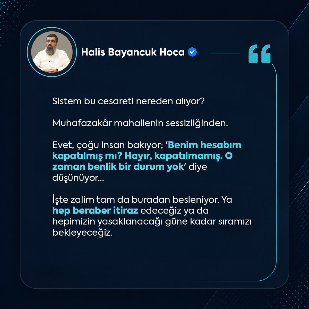 _halisbayancuk's tweet photo. Sistem bu cesareti nereden alıyor?

Muhafazakâr mahallenin sessizliğinden...

Evet, çoğu insan bakıyor; 'Benim hesabım kapatılmış mı? Hayır, kapatılmamış. O zaman benlik bir durum yok' diye düşünüyor... 

İşte zalim tam da buradan besleniyor. Ya hep beraber itiraz edeceğiz ya da hepimizin yasaklanacağı güne kadar sıramızı bekleyeceğiz.

#NatoSansürü