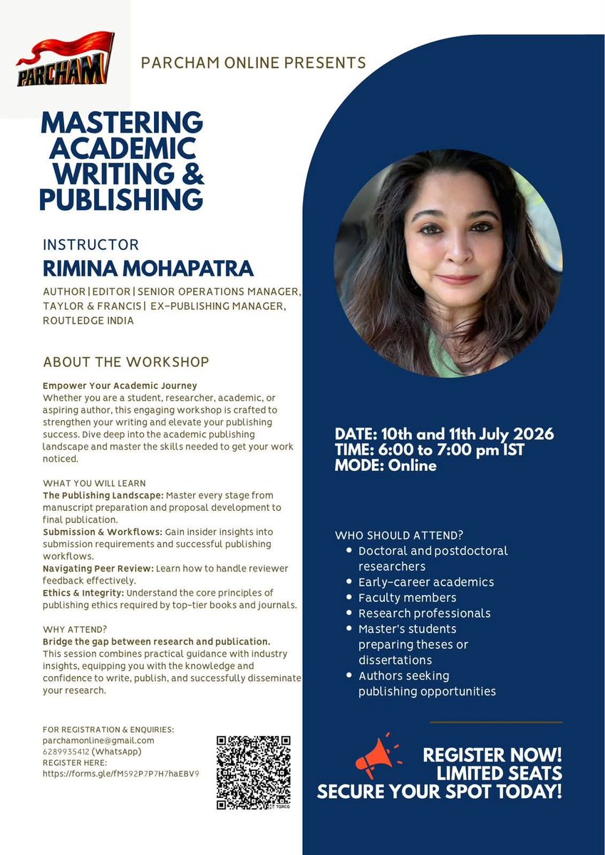 ParchamOnline's tweet photo. The workshop will provide a comprehensive overview of the academic publishing landscape, covering the major stages of the writing and publication process, from manuscript preparation and proposal development to submission, peer review&amp;publication.

https://t.co/oxJi49Yvnn https://t.co/lT2pgIcubT