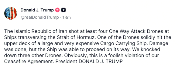 Ecord87's tweet photo. Trump says Iran launched at least four one-way attack drones at ships 🚢

That's pretty serious escalation right there. Let's see how this plays out. https://t.co/qaiuPaU9lg
