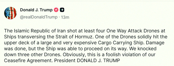 CJKeyser214's tweet photo. Trump says Iran launched at least four one-way attack drones toward ships 🚀 https://t.co/rVmgAcFf3s