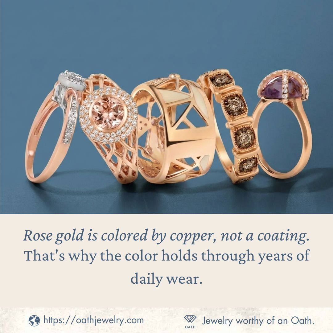 OathJewelry's tweet photo. Rose gold gets its color from copper in the alloy, not a coating. That's why the color holds through years of daily wear.

#OathJewelry #RoseGoldJewelry #FineJewelry #RoseGold #GoldJewelry https://t.co/0S3E0QTzbv