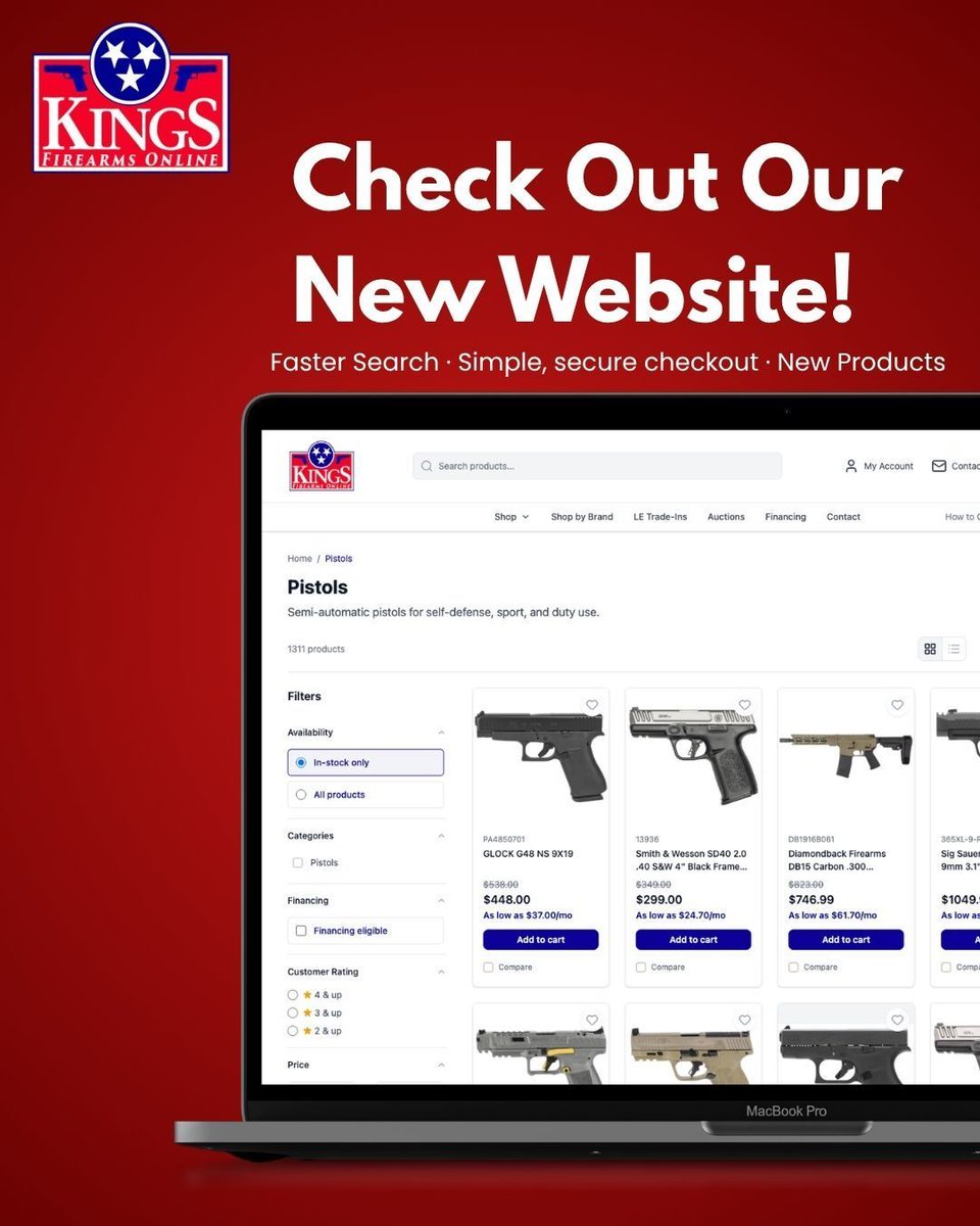 KingsFirearmsTN's tweet photo. New site, smoother experience. 👑

Smarter search, online financing, secure checkout, easy FFL selection, and better account tools for orders, wishlists, and financing.

Don’t forget — the website launch giveaway is still live. 

Take a look today. We get you loaded for less! https://t.co/nDS3ttqhBV