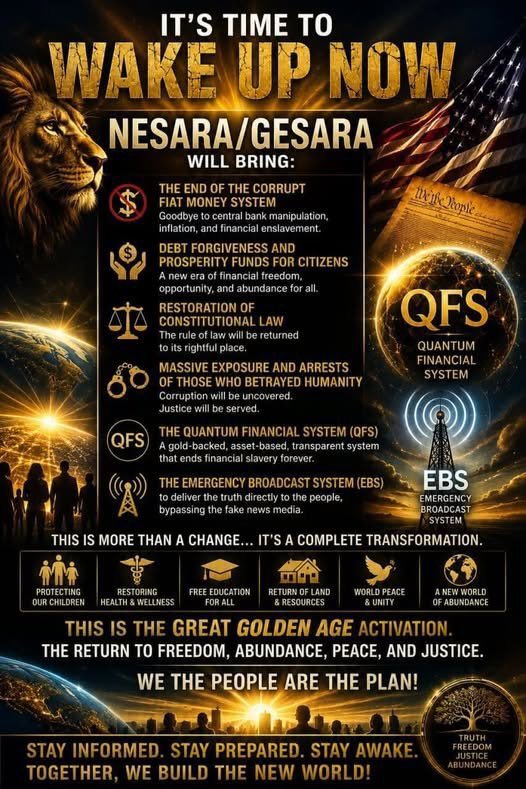 MJTruthUitr's tweet photo. The Quantum Financial System (QFS) — a gold-backed, transparent system that ends financial slavery
- The Emergency Broadcast System (EBS) to deliver the truth directly to the people, bypassing the fake news media

This is the Great Golden Age activation.

The return to freedom. https://t.co/bwN5TaaG78