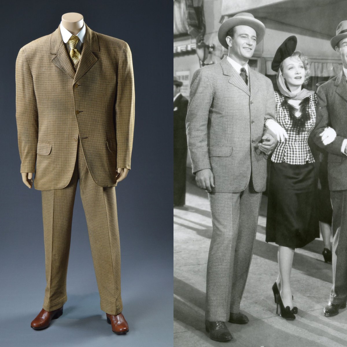 vickyhaddock's tweet photo. American fashion and costume designer Vera West was born #OnThisDay in 1897. She designed this custom-made brown and tan plaid three-piece suit that was worn by John Wayne as Pittsburgh Markham in Pittsburgh (1942). Collection of Motion Picture Costume Design. #film #costume https://t.co/wHwfXHC6eC
