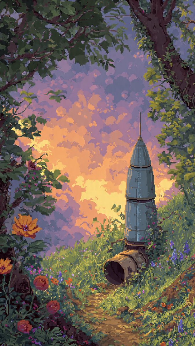nakamoto330's tweet photo. Between two trees... a rocket forgot its voice.
The sunset didn't ask about its past, it covered it with flowers.
#PixelArt #NFT #CryptoArt #NatureWins #GoldenHour #Web3 #NFTCommunity #EcoNFT #digitalartㅤㅤㅤㅤ https://t.co/C8jnZso1ds