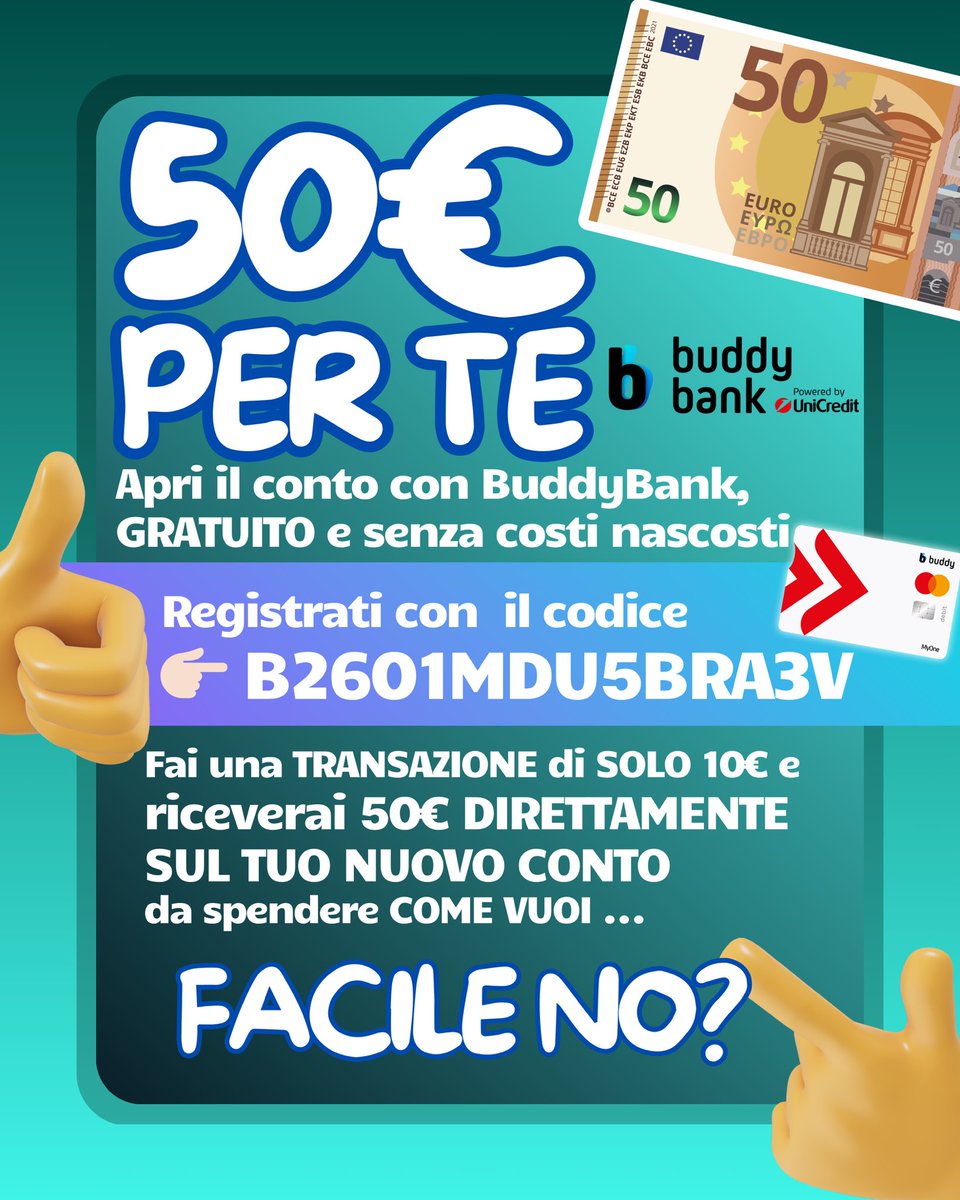 Matte_Gueri's tweet photo. ⚠️ ULTIMI Giorni ⚠️
Subito per te 50€ GRATIS 💸👇
1️⃣ Inserisci il codice 👉🏻 B2601MDU5BRA3V durante la registrazione 
2️⃣ Apri il conto gratuito #BuddyBank 
3️⃣ Ricevi 50€ REALI, spendibili come vuoi 
✅ Soldi veri
❌ Non buoni 
È facile e veloce😉
#soldigratis #GuadagnareOnline https://t.co/injCuzeQra