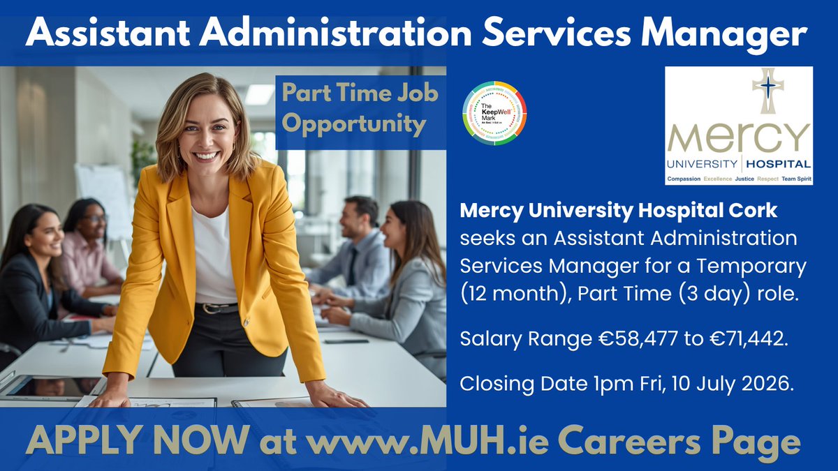 DeeORiordan8's tweet photo. β#AdminManagers! @Mercycork seeks Part Time Assistant Administration Services Manager (#GradeVI).
PT 3 Day Week, Temp 12-month Contract.
For more details and to apply, follow this link:
https://t.co/wCwJibUPEP
#HospitalJobs #AdministrationJobs #CorkJobs #HSEJobs #PublicJobs https://t.co/MMYVFjAmtT