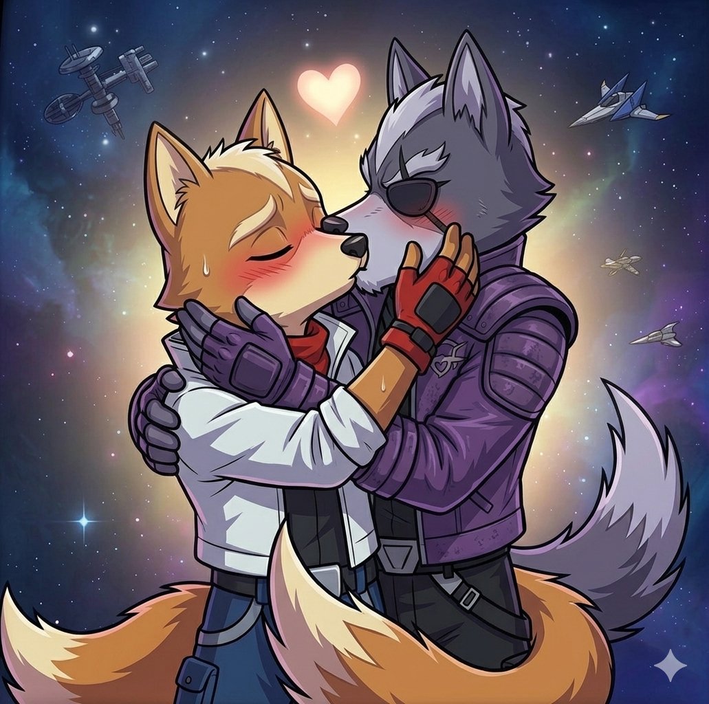 WolfMePlease's tweet photo. Stars are made for each other. 

#StarFox #StarWolf #Wolfox #FoxMcCloud #WolfODonnell #AIArt #Furry #FanArt #Gay https://t.co/K23x0Fjs7s