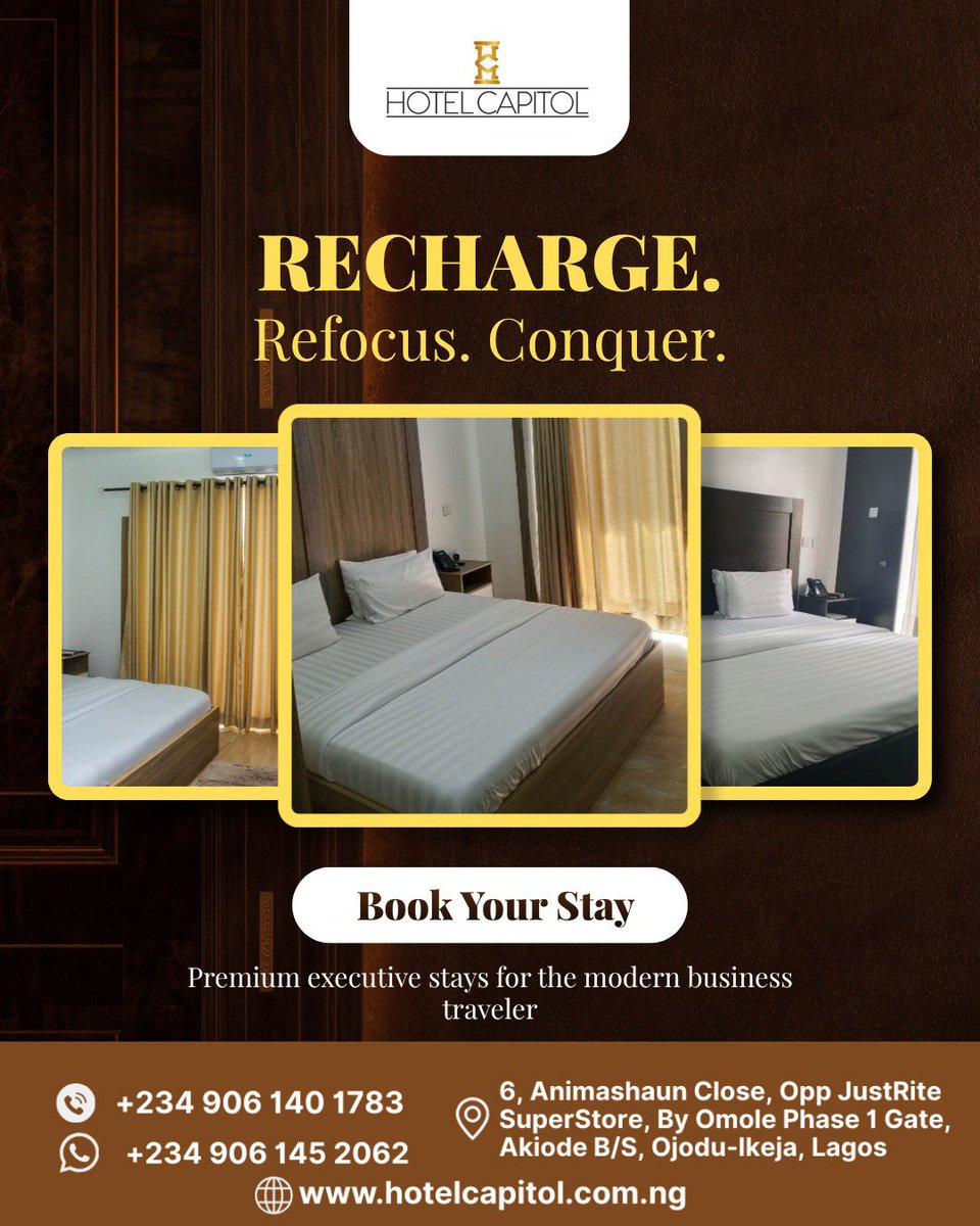 hotelcapitolnig's tweet photo. Luxury isn't just seen—it's experienced. ✨

Take a quick tour and discover comfort, elegance, and hospitality designed around you.

FOR RESERVATIONS
Call/WhatsApp: 09061452062

#HotelCapitol #HotelReels #LuxuryStay #PremiumHospitality #ExecutiveComfort https://t.co/dIDhu8erWd