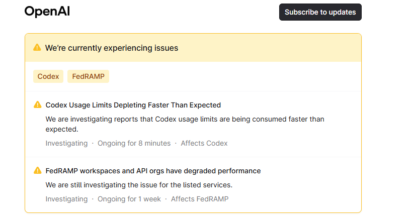 kuz0na's tweet photo. finally, it's on the status page https://t.co/ktoSYxDjAy 
-Codex Usage Limits Depleting Faster Than Expected https://t.co/yBwkbwz7sh