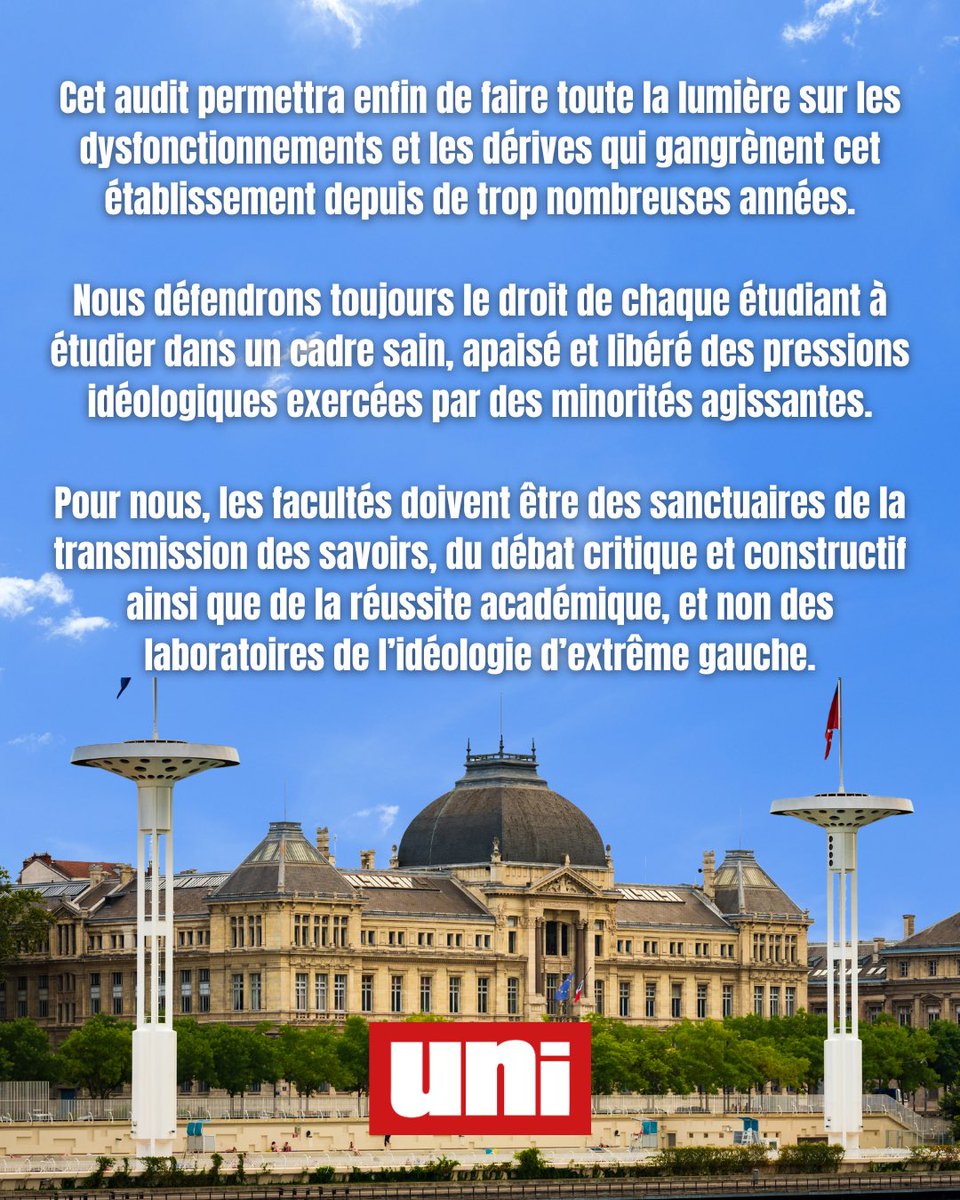 uni_lyon's tweet photo. Après nos nombreuses alertes sur les dérives idéologiques à Lyon 2, nous saluons la mise en place d’un audit conjoint du ministère de l’Enseignement supérieur et des renseignements territoriaux.

Toute la lumière doit être faite sur les dysfonctionnements de cette université. https://t.co/yUmGNzWe0y