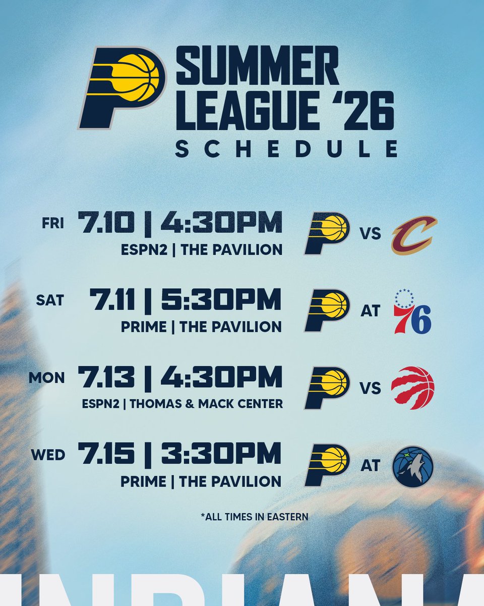 Pacers's tweet photo. Summer is just getting started ☀️

Our Summer League schedule is set.

Learn more: https://t.co/rSx4nwl3T0 https://t.co/b8bAahlT9F