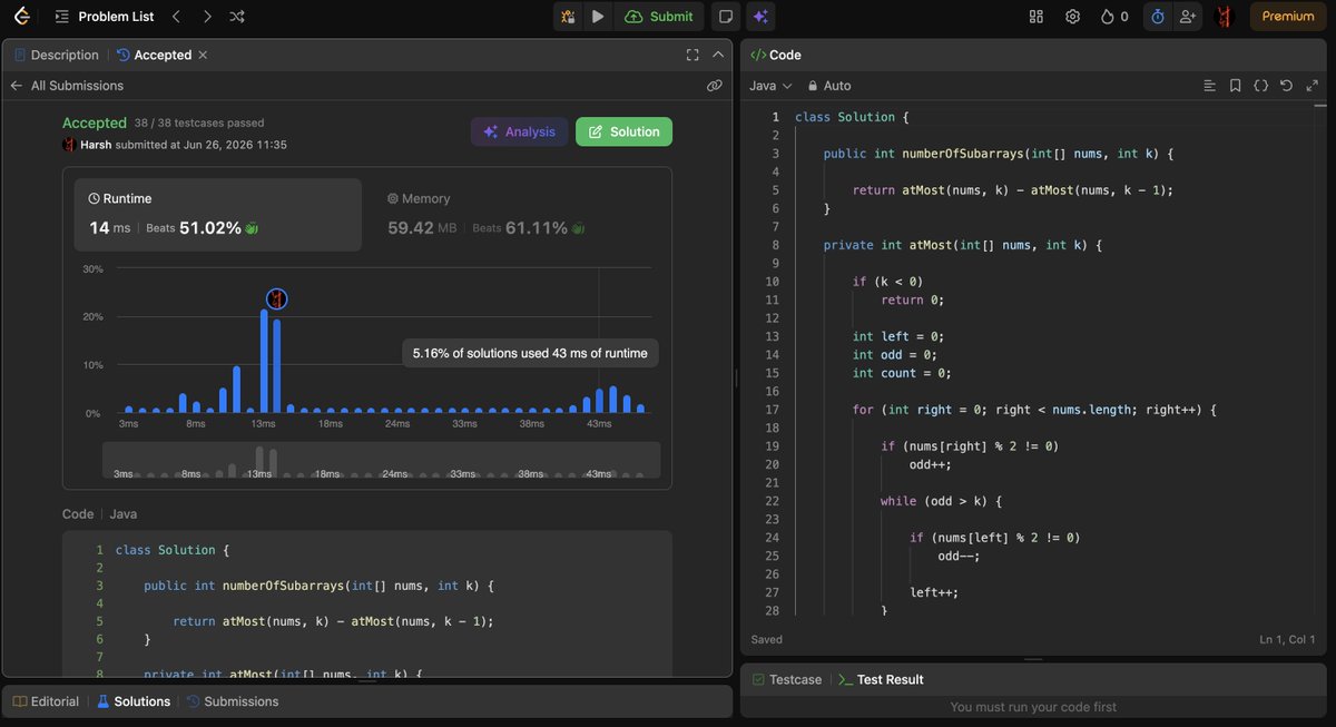Harshcodess's tweet photo. Day 11 of #100DaysOfCode ✅

→ LC 1248 – Count Number of Nice Subarrays
→ LC 930 - Binary Subarrays With Sum
→ Maths For Ai ( Topic - calculus)

#100DaysOfCode #DSA #LeetCode #CodingJourney #takeUforward #LearnInPublic https://t.co/LSvrkcfmUD