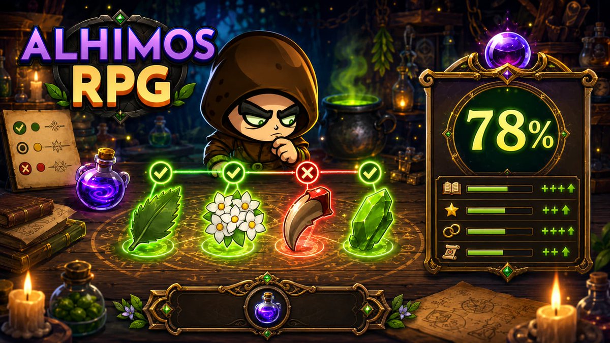 darkstylegames's tweet photo. How brewing works in alhimos:

2–4 ingredients on the table — compatible ones glow green, clashing ones red. You see a success chance before you brew, based on your level, the ingredients, and the recipe.

Fail, and part returns as residue.

#gamedev #indiedev https://t.co/w3nJpkgcp7
