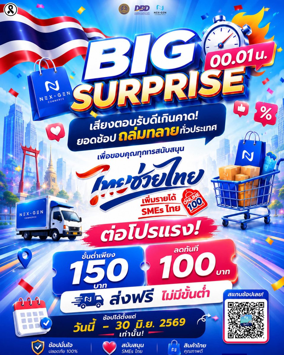 NNNani_tellpro's tweet photo. โครงการ "ไทยช่วยไทย เพิ่มรายได้ SMEs ไทย" กลับมาต่อโปรแรง! 
ที่ 2 แพลตฟอร์มไทย #ThailandPostMart และ #NexGen Commerce

🛒 ช้อปครบ 150 บาท ลดทันที 100 บาท และส่งฟรี ไม่มีขั้นต่ำ 
🇹🇭 สำหรับร้านค้าร่วมโครงการที่มีคูปอง 

🎟️ คูปองมีจำนวนจำกัด แต่ละร้านแยกคูปองกัน ถ้าคูปองยังไม่หมด วนสั่งร้านเดิมได้มากกว่า 1 ออเดอร์นะคะ

🌟 โปรโมชั่นนี้ มีถึงวันที่ 30 มิ.ย. 2569 เท่านั้น (จนกว่าคูปองจะหมด)
   
เครดิตภาพ: ThailandPostMart และ Nex Gen Commerce