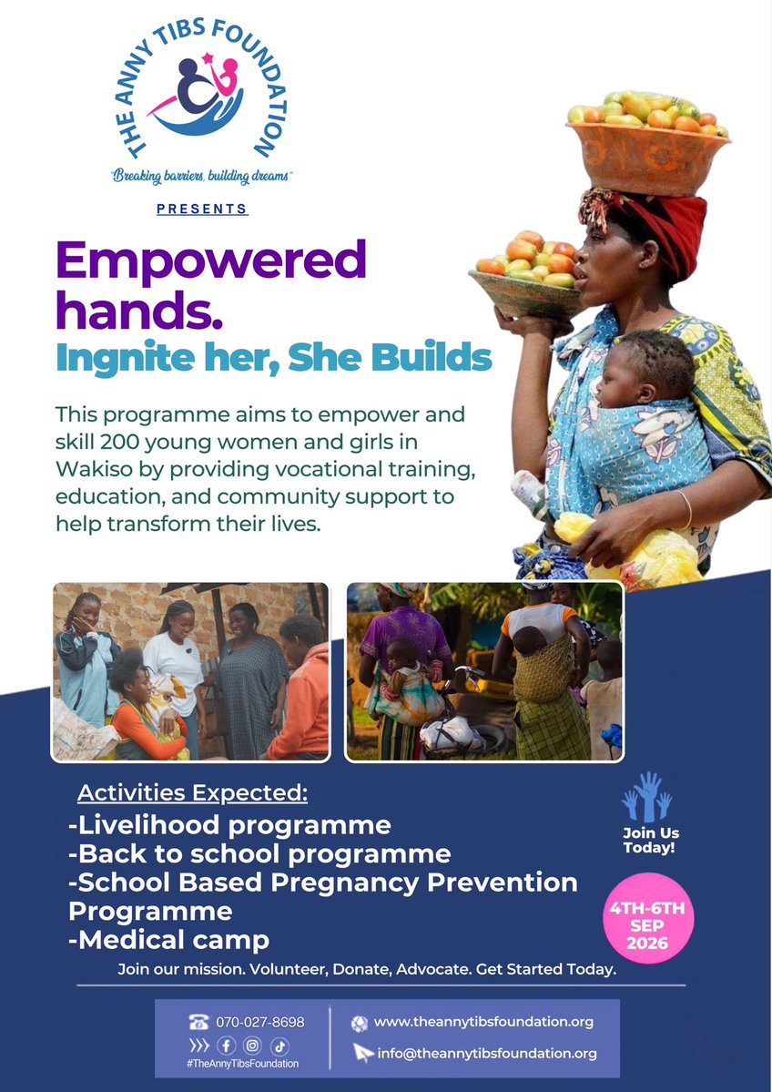 TheAnnyTibsFdn's tweet photo. 💜 Empowered Hands. Ignite Her, She Builds.
Join The Anny Tibs Foundation in empowering 200 young women and girls in Wakiso through education, vocational training, and community support
📅 4th to 6th Sept
#TheAnnyTibsFoundation #WomenEmpowerment #CommunityImpact #EducationMatters https://t.co/KhI5tTRHxM