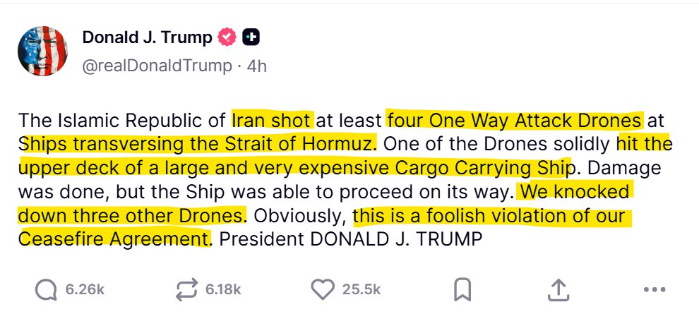IntlStacker's tweet photo. 🚨ALERT - Trump: Iran Violated Ceasefire, Attacked Ships in Strait of Hormuz!🪙

👉President Trump just posted:
🔥"The Islamic Republic of Iran shot at least four one-way attack drones at ships transiting the Strait of Hormuz. One drone hit a large cargo ship. We knocked down three others. This is a foolish violation of our Ceasefire Agreement."

👉This marks another escalation in one of the world's most important energy chokepoints!

👉The Strait of Hormuz handles a significant share of global oil shipments, so renewed tensions can quickly ripple through energy markets, inflation expectations, and safe-haven assets like gold.

🦀Crustacean Nation: Every geopolitical flare-up is another reminder why many investors hold physical gold & silver. Are you adding on these dips... or waiting for more clarity?

👇Drop your thoughts below.
*Not financial advice. Stay stacked!