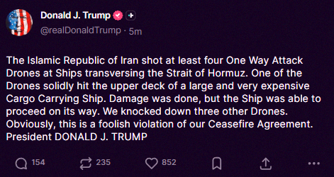 GugoMANIA's tweet photo. Just in: Trump calls Iran's move a 'foolish violation' of the ceasefire after they fired at least four attack drones at ships in the Strait of Hormuz. 😳 https://t.co/C4IGwxrkzF