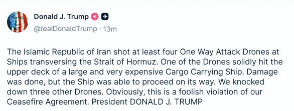 Itch0802's tweet photo. トランプ「イランが船に対して少なく��も4機の片道攻撃ドローンを撃った。」 https://t.co/cbMhI8IFOy