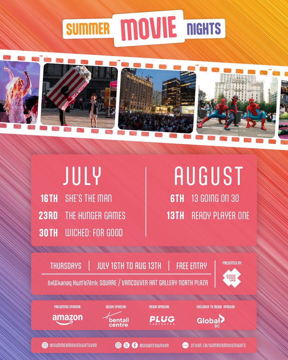 downtownvan's tweet photo. We're excited to announce the return of one of our favourite summer traditions: Summer Movie Nights!

Join us every Thursday from July 16 - August 13 at šxʷƛ̓ənəq Xwtl’e7énḵ Square for five weeks of free outdoor films, live entertainment, and community in the heart of downtown Vancouver.

Learn more: https://t.co/SdHz0uUSc1
