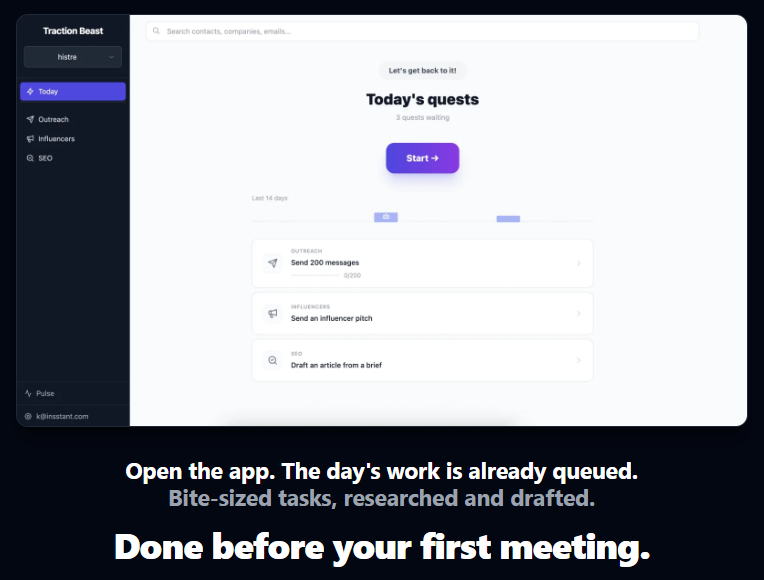 Sutterlegal's tweet photo. Let Sutter introduce you to Traction Beast! A Go-to-Market stack that finds you the right customers, does the research, and writes your drafts. Just open your computer, review and click send! 

Enter promo code "SUTTER" for 50% off for 6 months
https://t.co/ux1c8QsnTa https://t.co/EFILMSDt2m