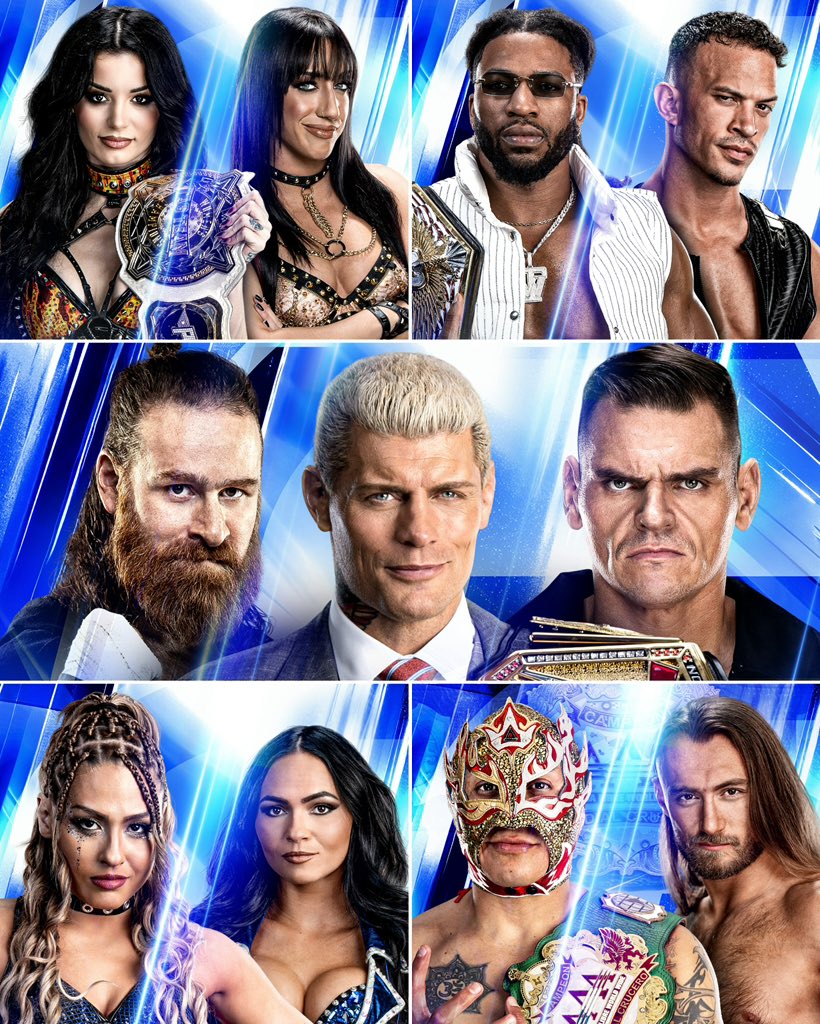 WWEUK's tweet photo. TONIGHT on #SmackDown in London, streaming at 1 AM on @NetflixUK 🇬🇧: 

🔵 Paige vs. Jacy Jayne 
🔵 Trick Williams prepares for Ricky Saints  
🔵 Rhodes addresses Gunther and Zayn
🔵 Giulia vs. Kiana James 
🔵 Rey Fenix vs. Nathan Frazer - AAA Cruiserweight Championship Match https://t.co/QbA0jfH4e5