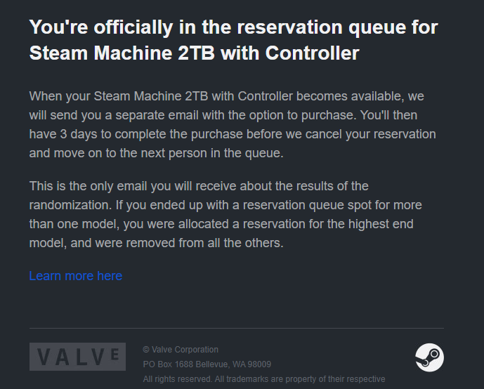 foulpundit's tweet photo. Steam Machine emails coming out.  Looks like it only gives you the highest model you requested. #steam @Steam https://t.co/CZddNWrq1B