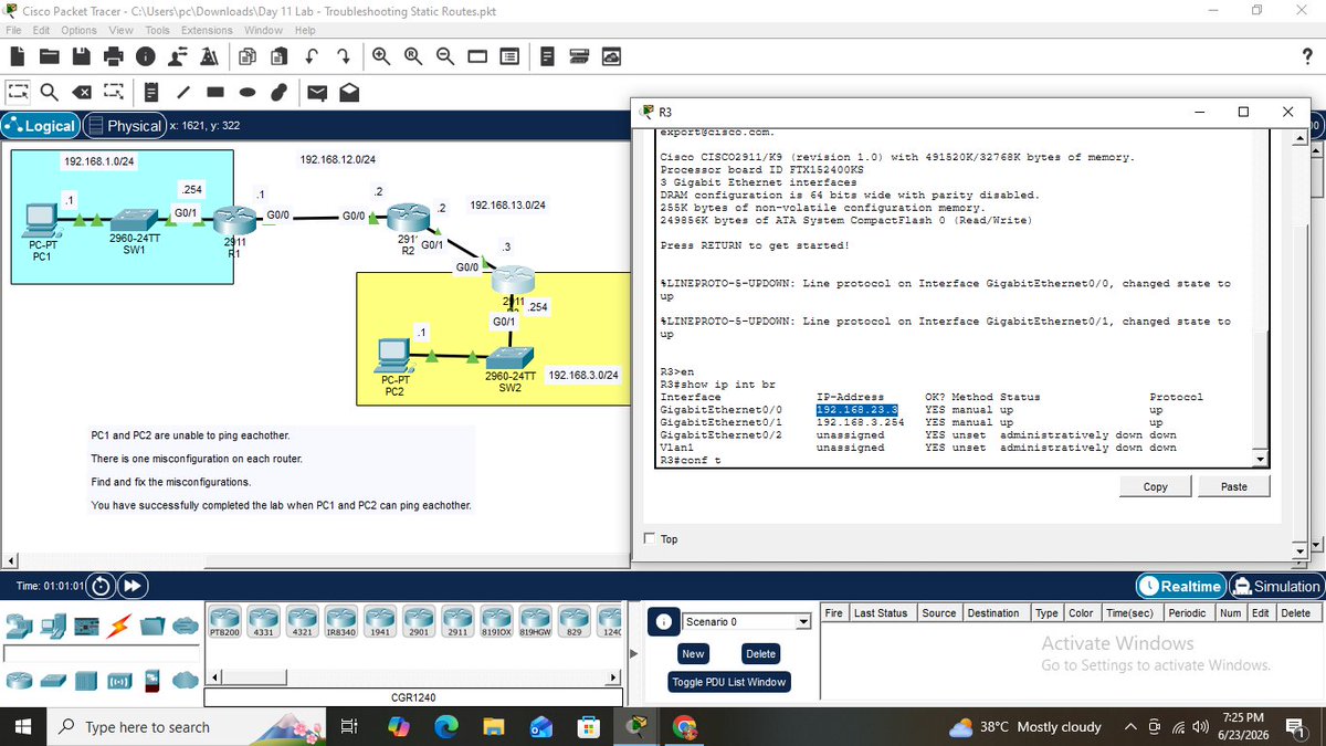 HimaniNgr's tweet photo. Checked R3 configuration.

Discovered an incorrect IP address on the R3 

Verification/Fix
Corrected the IP addressing issue and verified the static route configuration. https://t.co/UJAm5kqa0R