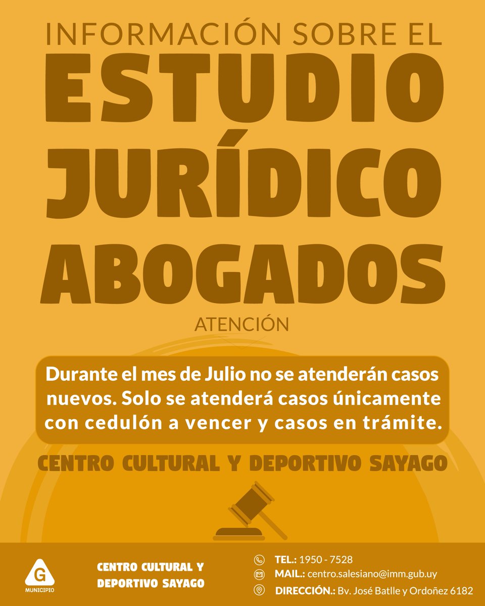 MunicipioGMvd's tweet photo. Durante el 🗓️ mes de julio, el servicio del Estudio Jurídico del Centro Cultural y Deportivo Sayago atenderá únicamente casos en trámite y cedulones con vencimiento próximo.
📍 Centro Cultural y Deportivo Sayago (Bv. José Batlle y Ordóñez 6182)
📞 Teléfono: 1950 7528
#EscontiGo https://t.co/YmaM9jLARl