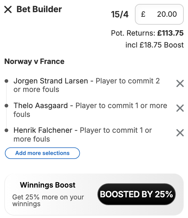 BetWizard_'s tweet photo. 🇳🇴 Norway vs France 🇫🇷 Replacement 👀

£20 returns 113.75 with Ladbrokes🔴

✍️ Jorgen Stand Larsen averaged 1.80 fouls p/90 this season & averages 1.42 fouls p/90 for Norway

✍️ Asgaard averages 1.33 fouls p/90 for Norway & has averaged 1.27 fouls p/90 this season 

✍️ Falchener averaged 1.10 fouls p/90 this season