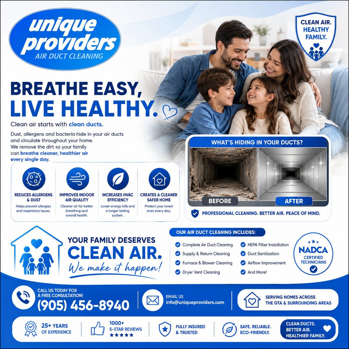 ductcleanto's tweet photo. Over time, dust, allergens, and debris build up inside your air ducts, affecting the air quality in your home. Give your loved ones the clean, fresh air they deserve with professional air duct cleaning from Unique Providers.

📞 : (905) 456-8940
📧 : info@uniqueproviders.com https://t.co/KjNf2jeUhs