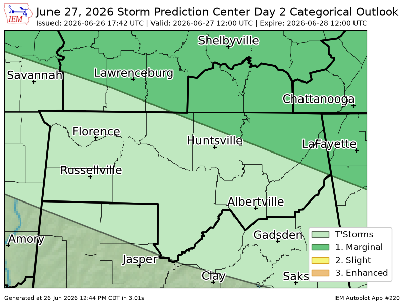 JacksonCoAL_EMA's tweet photo. #SPC issues Day 2 Marginal Convective Risk at Jun 26, 17:42z for HUN https://t.co/TYfeYow4lR https://t.co/IWuCOg9uem