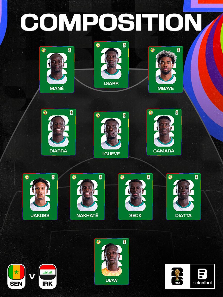 13footballC's tweet photo. Le onze de départ du Sénégal 🇸🇳 face à l'Irak 🇮🇶 ! https://t.co/HmKRbmX1iA