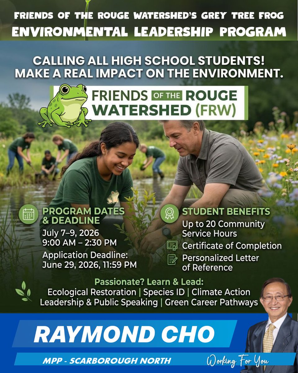 RaymondChoPC's tweet photo. Calling All High School Students!
MAKE A REAL IMPACT ON THE ENVIRONMENT

Don't miss this opportunity to gain valuable experience, develop new skills, and help protect the Rouge Watershed for future generations!

Apply here: https://t.co/UhxwOacj2T

#FriendsOfTheRougeWatershed https://t.co/aNKWYrL3zw