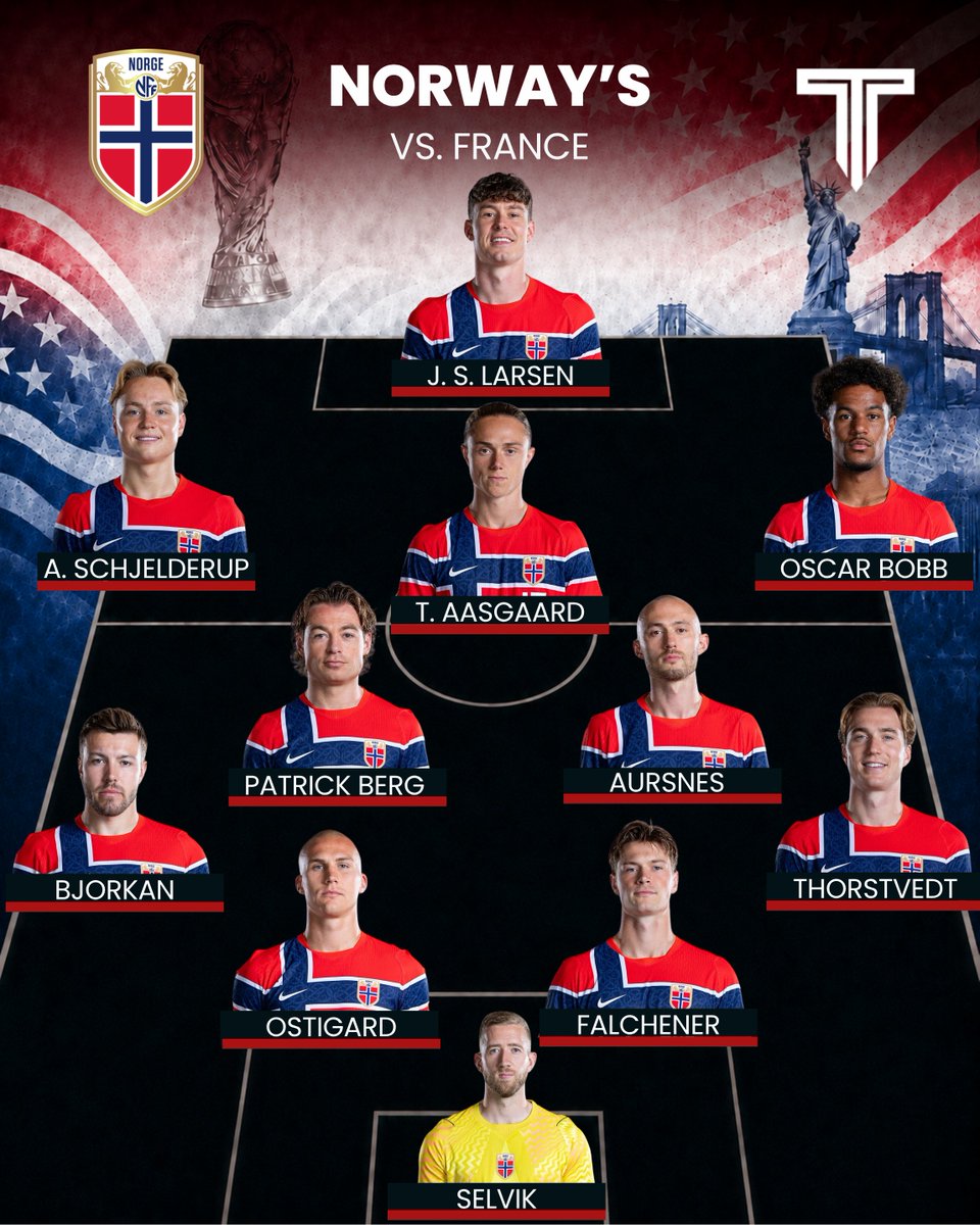 TouchlineX's tweet photo. 🚨🇳🇴 𝗢𝗙𝗙𝗜𝗖𝗜𝗔𝗟: Norway XI in the World Cup vs. France! https://t.co/aw21wHPZ3M