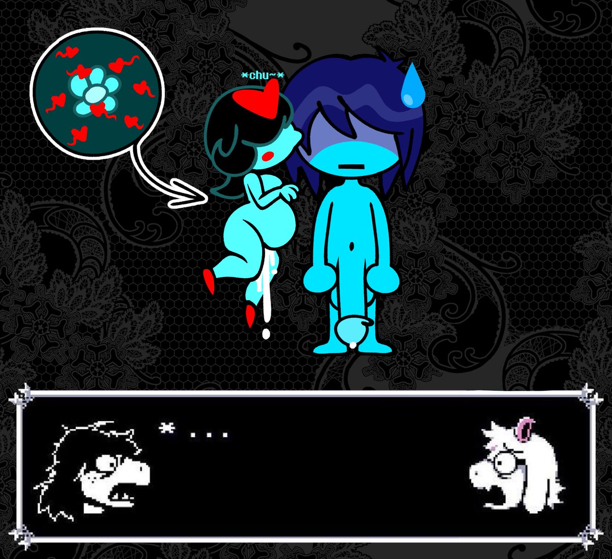 SkeleHeartsNSFW's tweet photo. Commission from @Toadette_Alt !! Thanks so much for the support 💞

Reminder that ALL commissions get a $5 discount if it involves Aqua deltarune! These two only cost a crisp $20, $10 each! WHAT A STEAL!

Anyway uh what happens if a lightner impregnates a flower in the dark world https://t.co/2oOIdiuK79