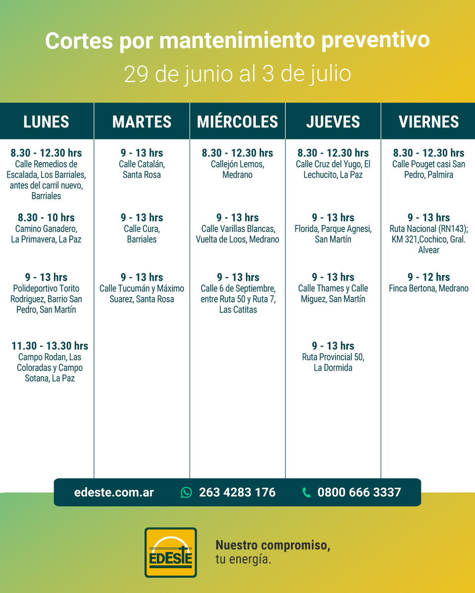 Edeste_mza's tweet photo. Buenas tardes! Les informamos los cortes programados para la semana que viene por razones de mantenimiento y mejoras del servicio ⚡️⚡️⚡️ https://t.co/RKZrO8lezW