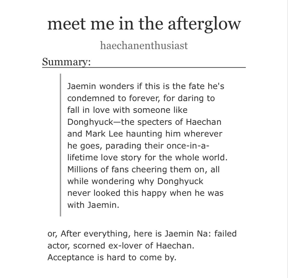 gomdoleefan's tweet photo. meet me in the afterglow

☆ nahyuck au [completed; updates fridays]
☆ ch 2/4, current wc: 32.7k
☆ popstar!hc + actor!jm, exes to lovers, angst with a happy ending, non-linear narrative
☆ link: https://t.co/1dq1dy1Ygt

#nahyuck #잼동 https://t.co/HL6gh61Jd5