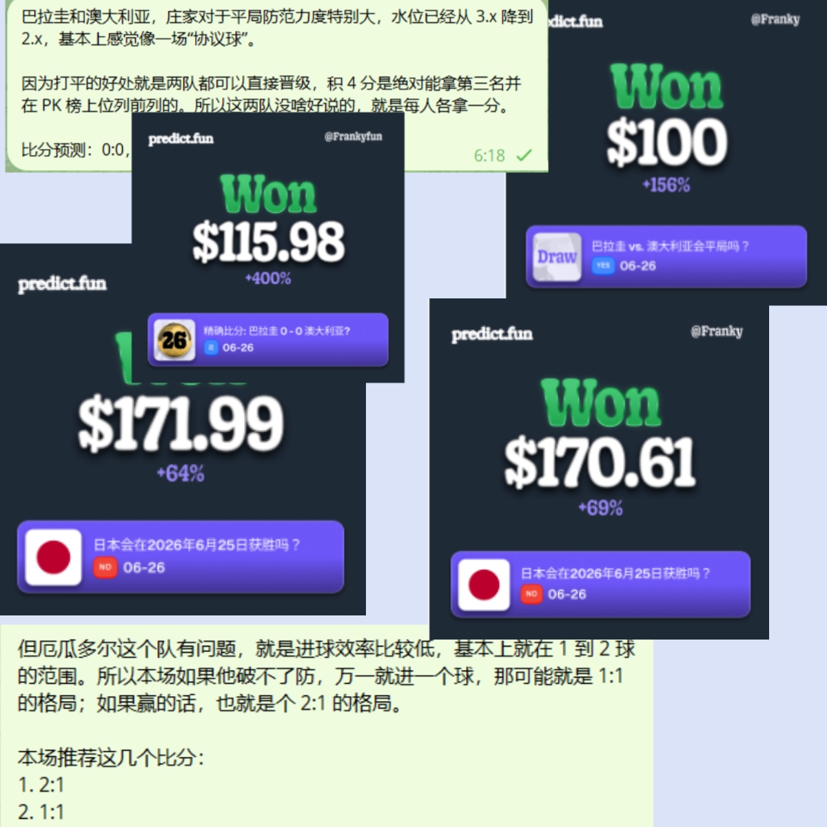 昨日在 @predictdotfun 上大获全胜🔥🔥🔥 Franky on fire 🔥🔥🔥 厄瓜多尔、荷兰、巴拉圭比分精准命中：厄瓜多尔和 ...